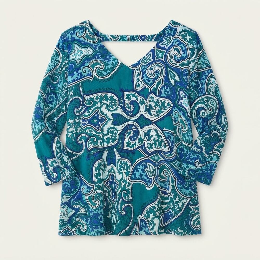 Chico's Travelers Womens L Boho Resortwear Artsy Slinky V-Neck Paisley Tunic